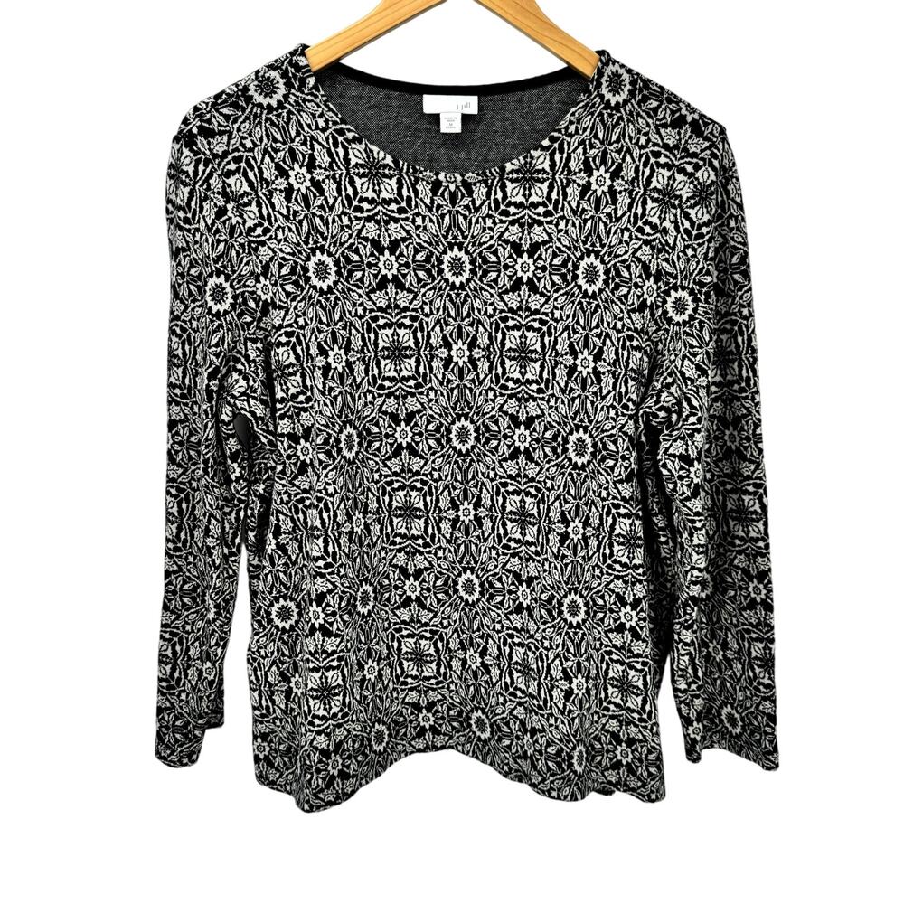J Jill Sweater Womens Petite Medium Mp Black Off White Pullover Baroque Knit